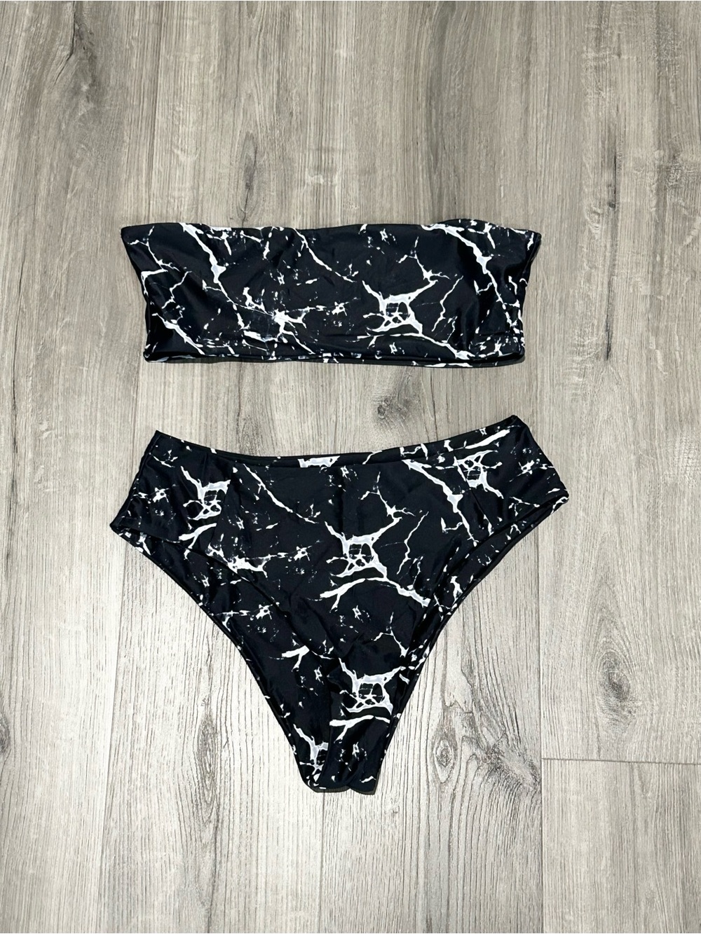 ❥𝐙𝐀𝐅𝐔𝐋: Bandeau High Waist Bikini - Black Marble